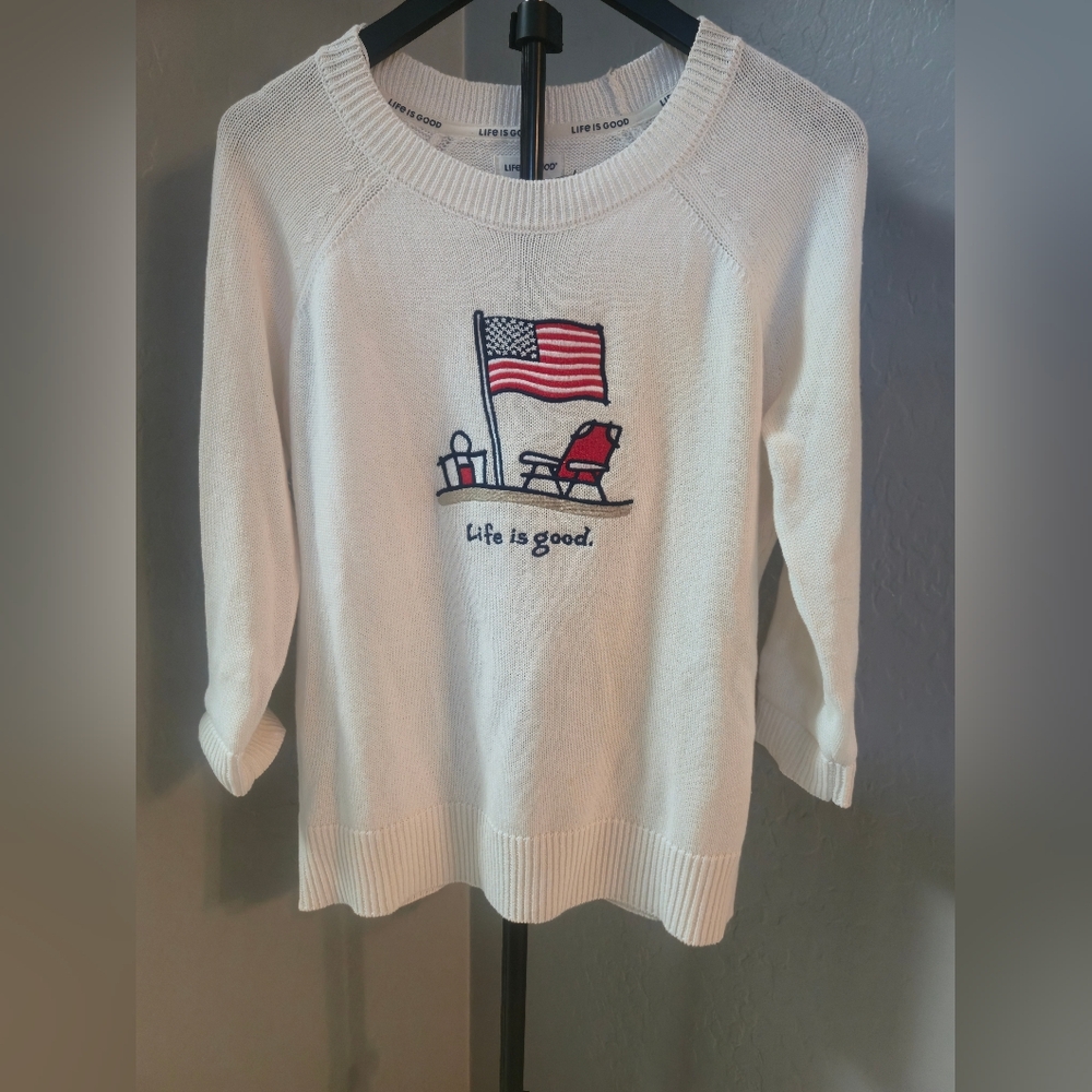 Life is Good Women's White Sweater with Flag Design
